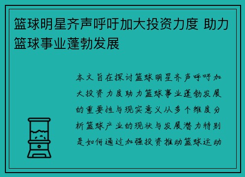 篮球明星齐声呼吁加大投资力度 助力篮球事业蓬勃发展